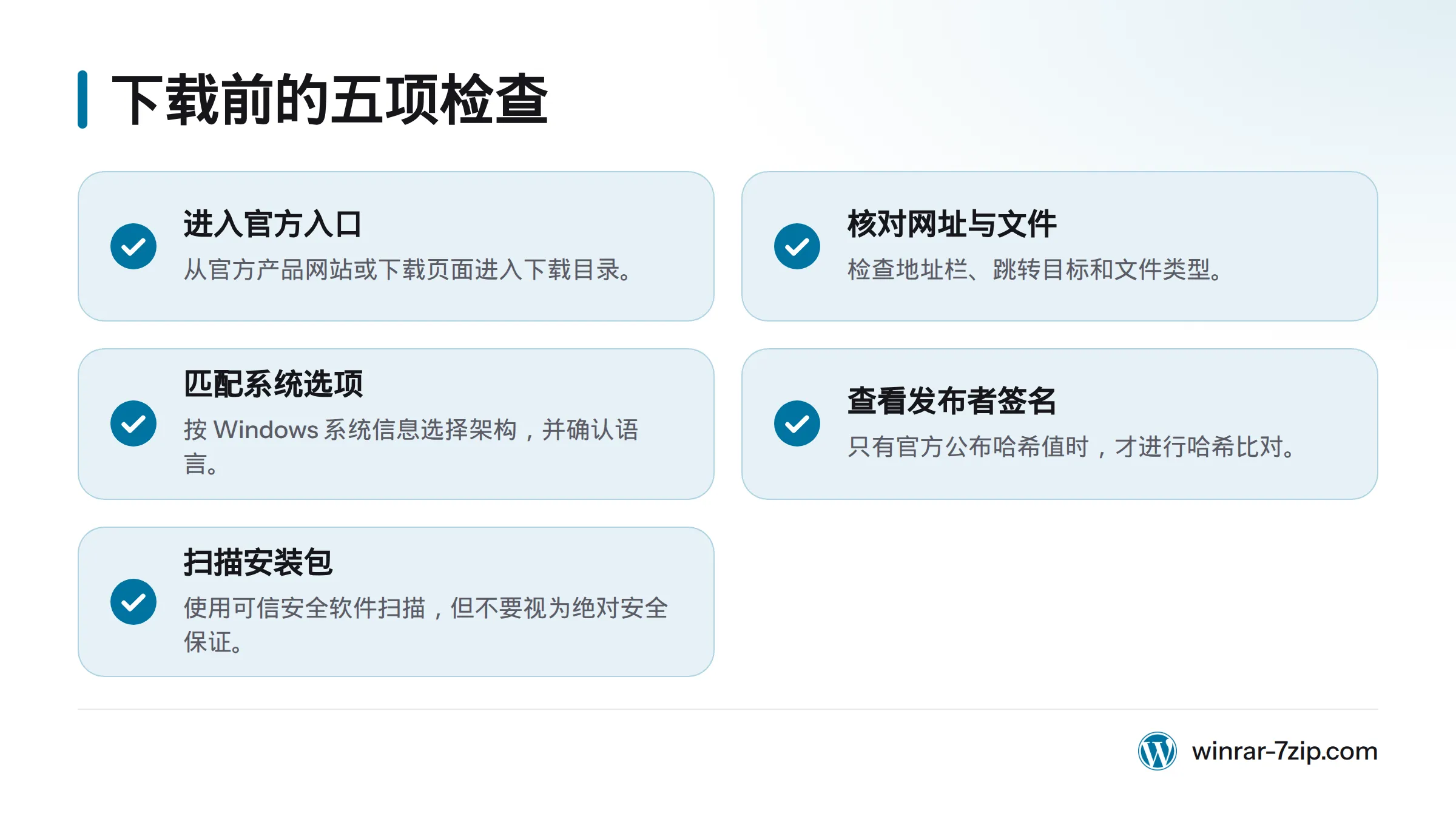 下载前依次核对官方入口、网址与跳转、系统架构和语言、发布者签名,以及安全软件扫描结果。