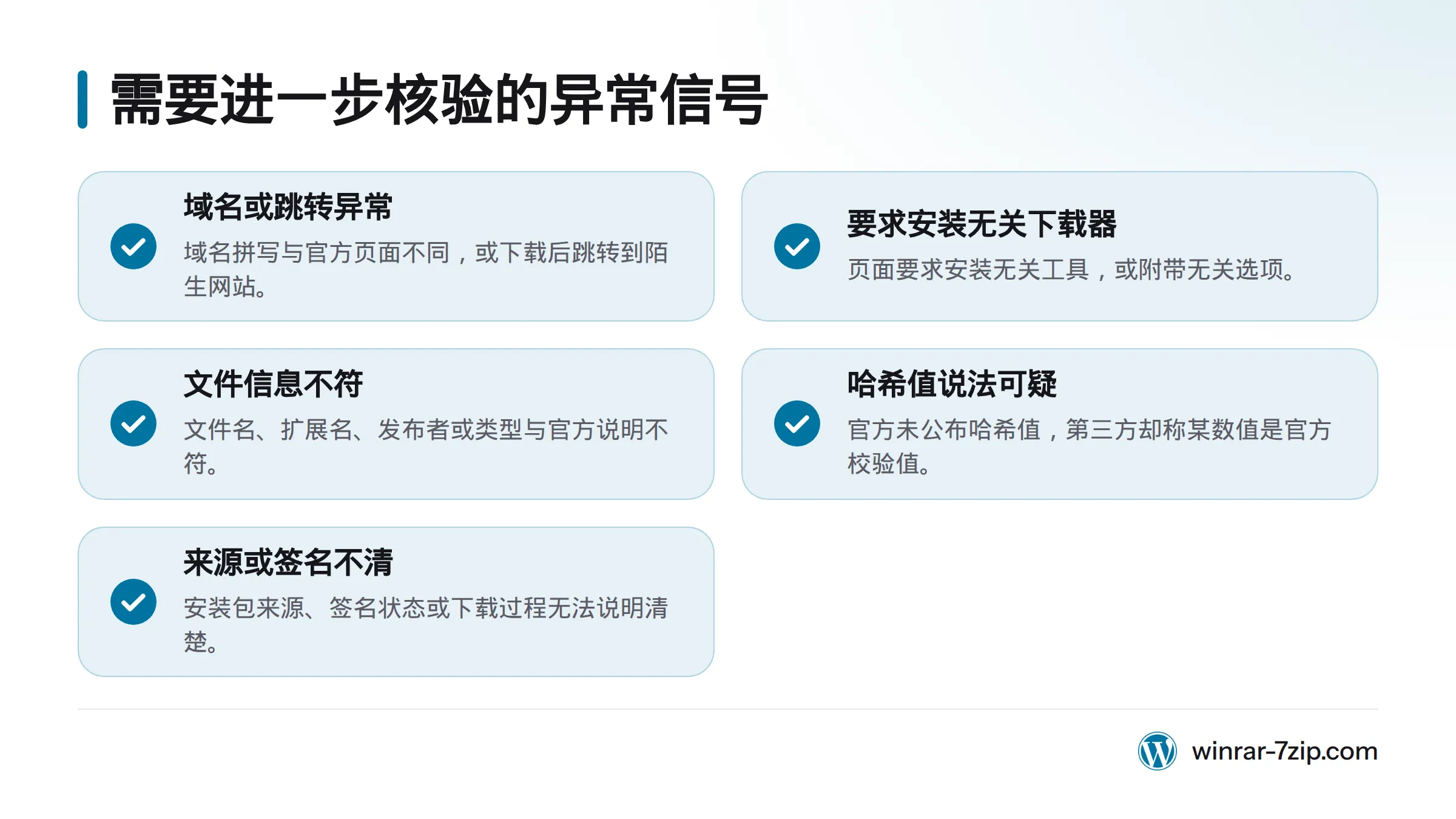 五种需要进一步核验的信号包括域名或跳转异常、无关下载器、文件信息不符、可疑哈希值说法,以及来源或签名不清。